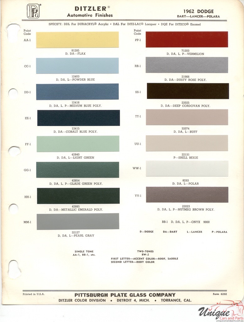 1962 Dodge Paint Charts PPG 1